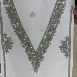 Handcrafted Silver Dabka Zardozi V Neck Set with Sleeves