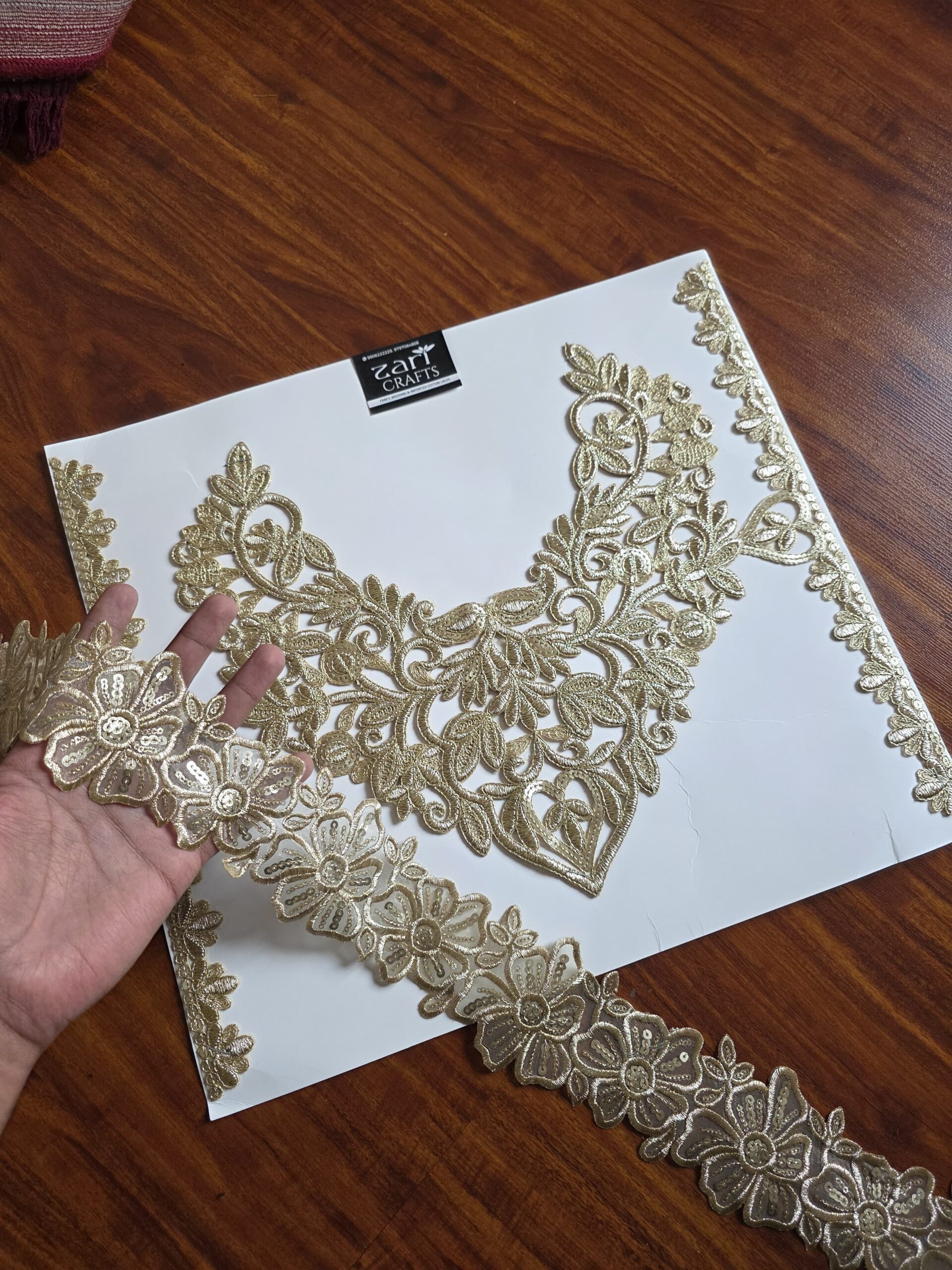 Zari work Neck with slvees & Lace 1.5 Meter