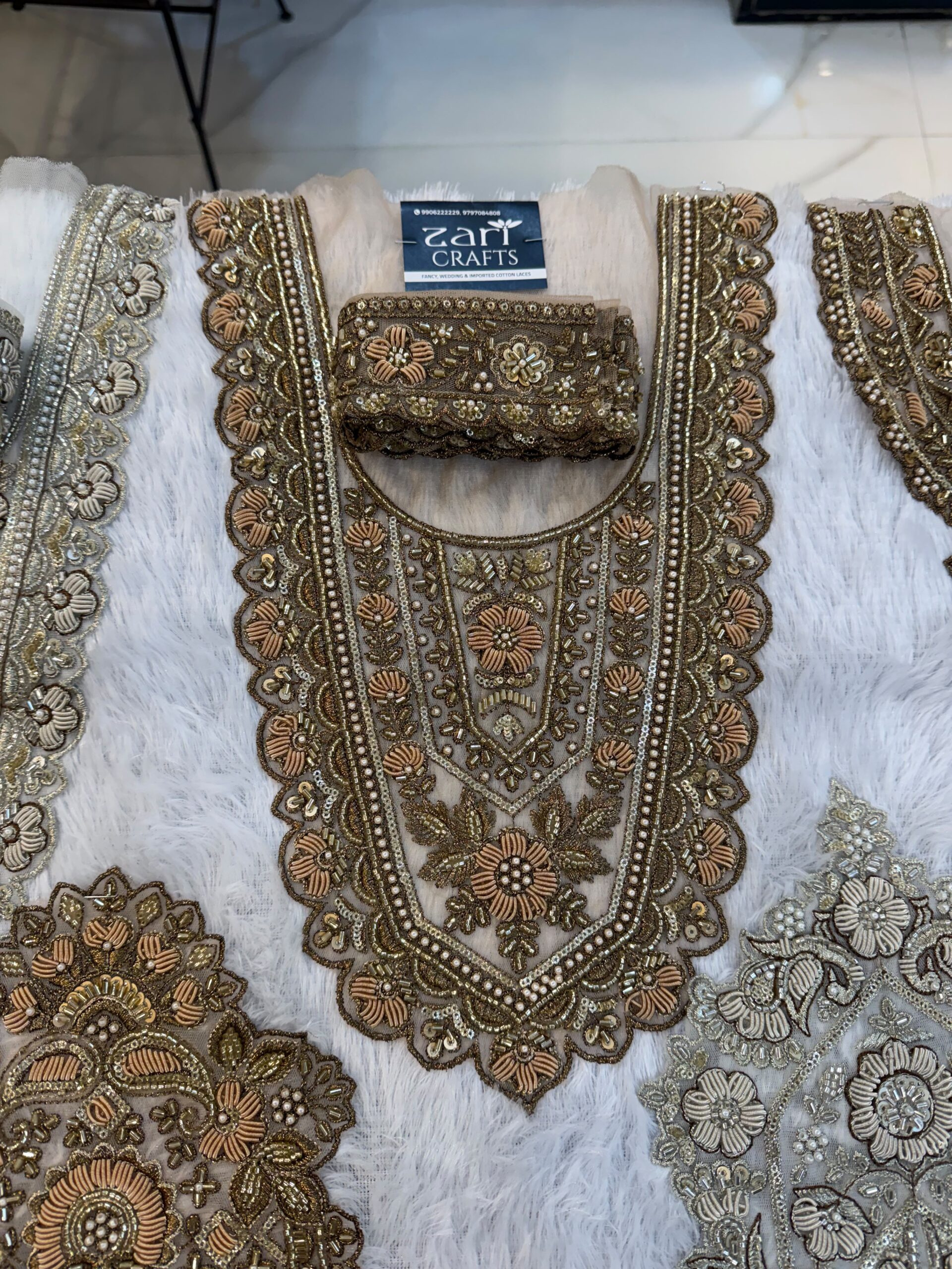 Zardosi Neck with Matching 1 meter Lace included. (Antique Gold)